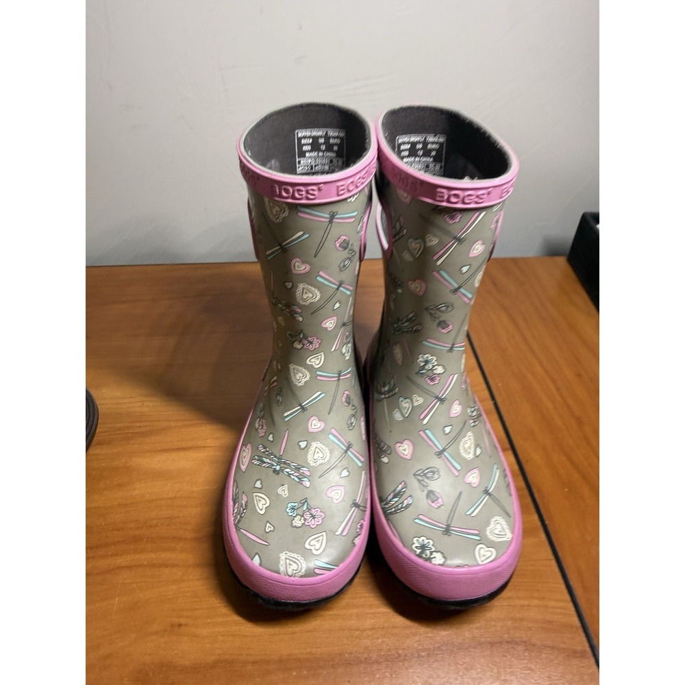 BOGS Kids Skipper Waterproof Rubber Rain Boot Girls Dragonfly Gray/Pink Size 12 - Picture 2 of 6